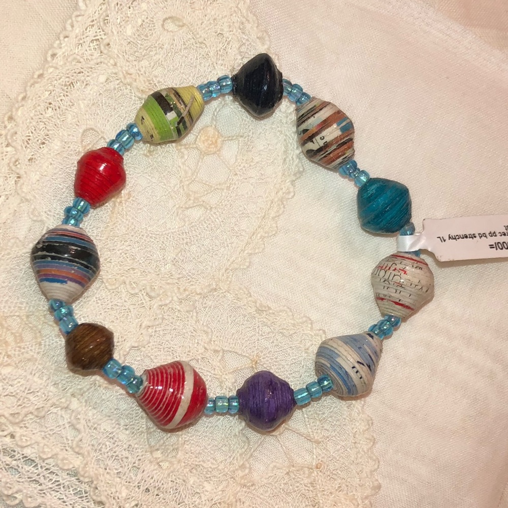 Colorful Paper Mache Bead Bracelet Banana Boat Recycled Stretch Bangle Vtg NWT